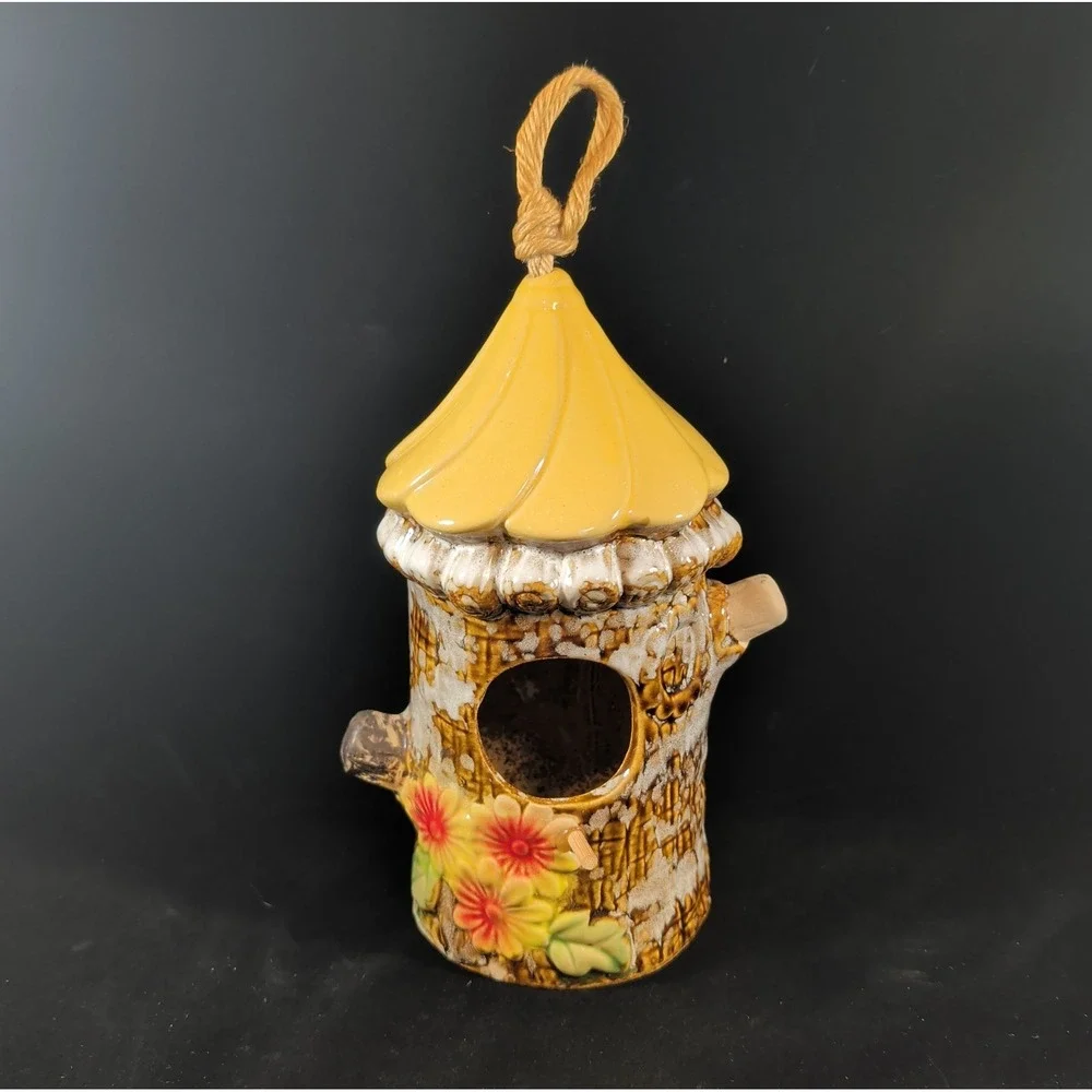 Cute Decorative Hanging Ceramic Birdhouse Floral Daisies Tree Trunk Drip Glaze